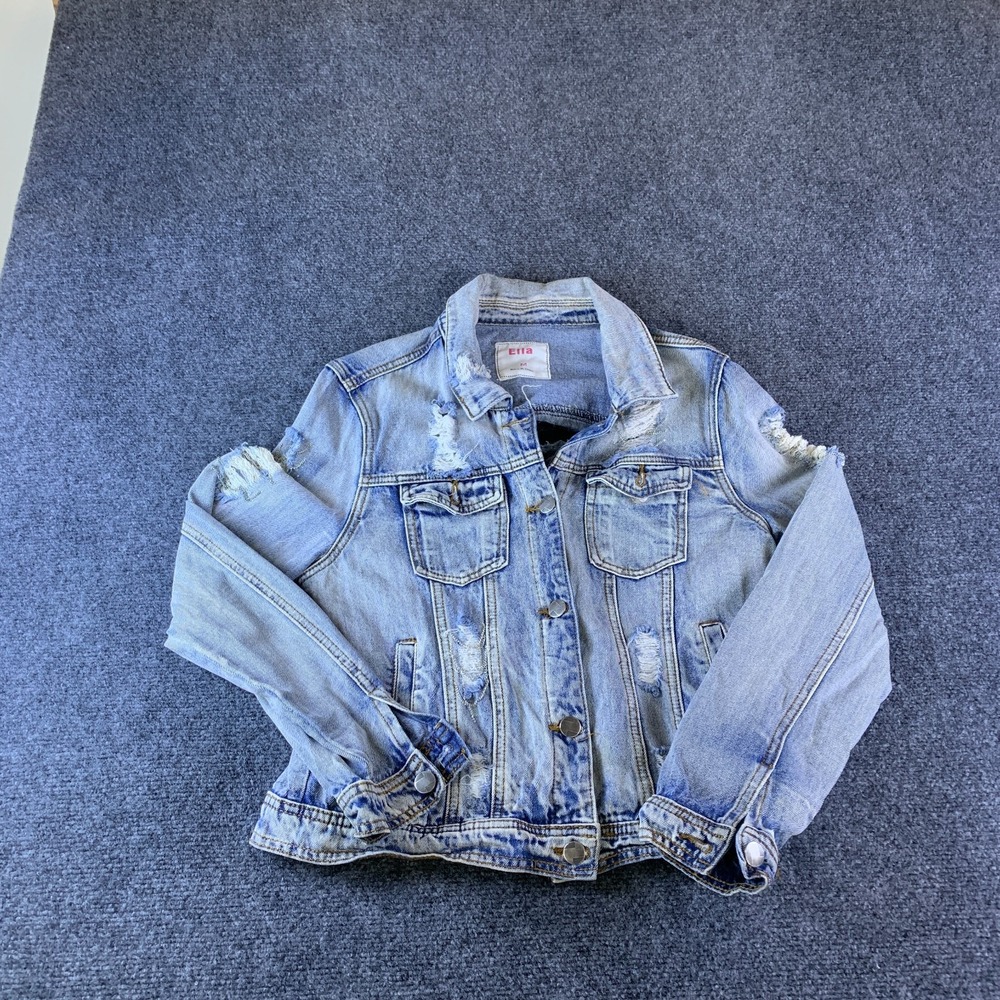 Ella Trucker Jacket Womens Medium Blue Denim Cotton Stretch Distressed Collared